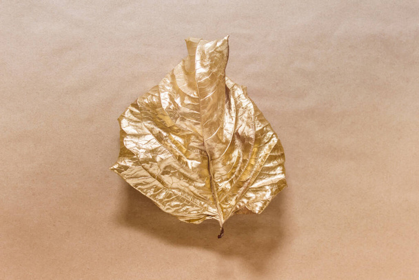 Creative composition with single one leaf dyed with golden metallic color on kraft paper background. - Фото, зображення