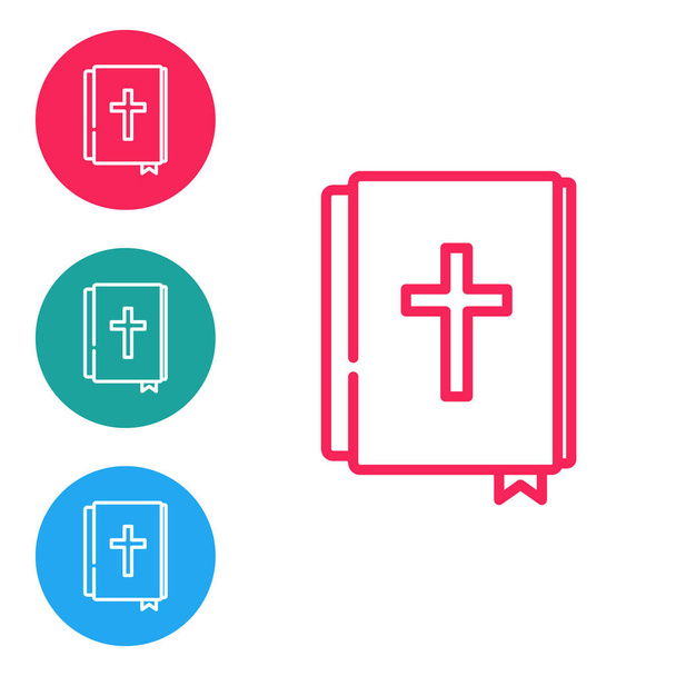 Rote Linie Heiliges Bibelbuch Ikone isoliert auf weißem Hintergrund. Setzen Sie Symbole in Kreis-Tasten. Vektor - Vektor, Bild