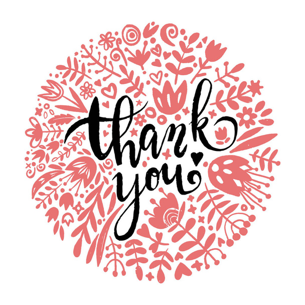 Thank you lettering. Vector greeting card or postcard. Floral background - Вектор, зображення