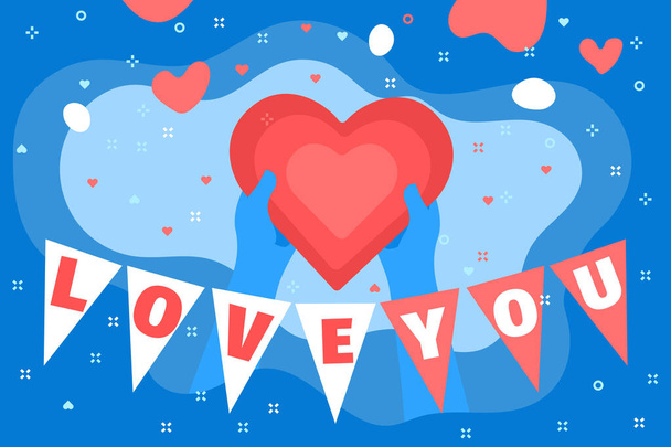 Concept of love. Love You letters. Two blue hands holding a big red heart on a blue background. Valentine day. Love and relationship. Flat design, vector illustration. - Vector, Imagen