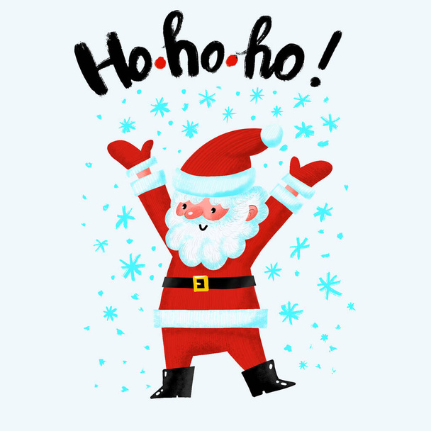 Funny Santa Claus with HoHoHo lettering. Cute cartoon Christmas card. Childish background - Photo, image