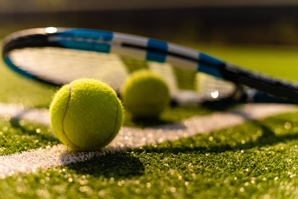 View of empty lawn tennis court with tennis ball - Foto, imagen