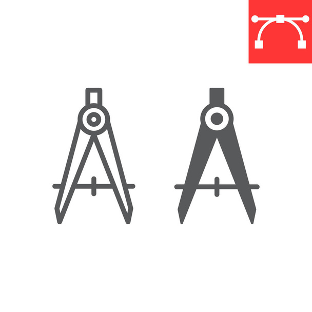 Divider line and glyph icon, compass and architect, divider sign vector graphics, editable stroke linear icon, eps 10. - Vetor, Imagem