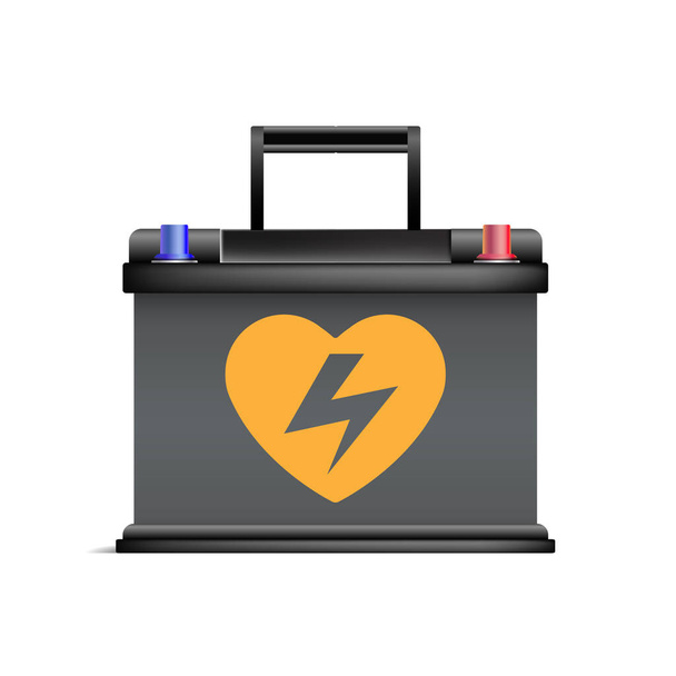 Realistic black automobile battery. Promotion discount sale mock-up. Heart a symbol of high voltage from love, warning pictogram. Accumulator voltage advertisement. Happy driving. Vector illustration. - Vektor, obrázek