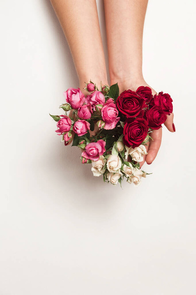flowers roses in hands of girl, top view, little white pink red roses white background - 写真・画像