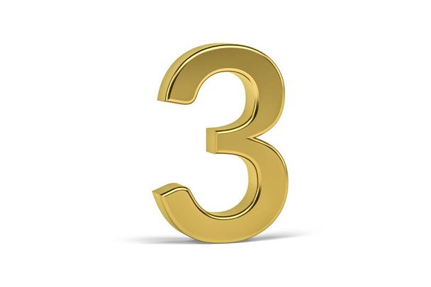 Золотая цифра 3 - трехмерная цифра 3 на белом фоне - 3D рендеринг - Фото, изображение