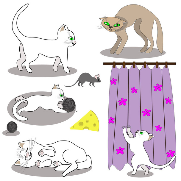 Set di clipart, gatti e mouse isolati su sfondo bianco. Arte, illustrazione, vettore. - Vettoriali, immagini