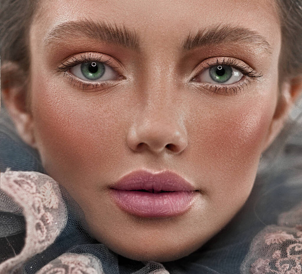 Portrait of a woman. Face close-up. Beauty and fashion. Green eyes, full lips. - Zdjęcie, obraz