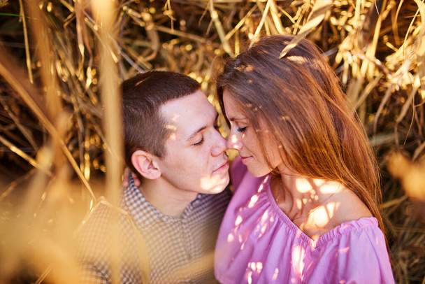 Young couple in love outdoor.Stunning sensual outdoor portrait of young stylish fashion couple posing in summer in field.Soft sunny colors. - Photo, Image