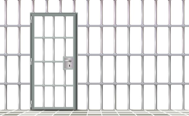 Iron interior prison, background. Gray realistic door jail cells bars modern. Banner vector detailed illustration metal lattice. Detention centre metallic. Isolated way, freedom concept grid, jail. - Вектор,изображение