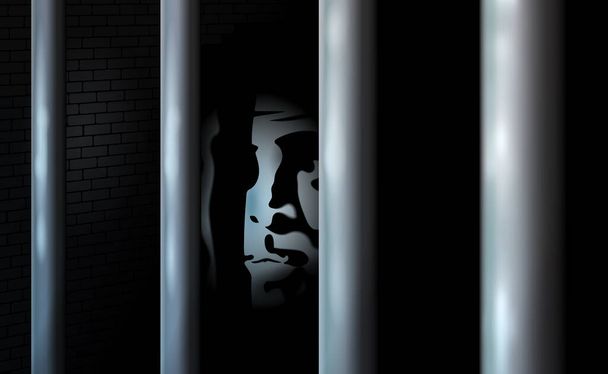 Prisoner and prison cell. Alone in jail behind bars. Felony committed crime or bankrupt. Business criminal serve their sentence in locked prison. Vector illustration. Eps10. Shadow and darkness. - Вектор,изображение