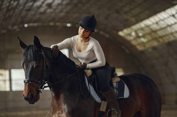 Elegant girl in a farm wiith a horse - Фото, изображение