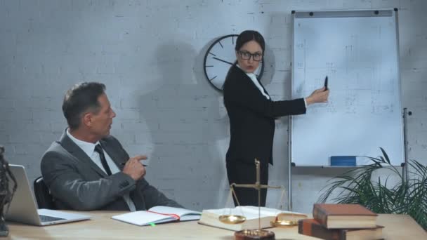 Agent d'assurance pointant vers le tableau à feuilles mobiles près de collègues à la table de travail  - Séquence, vidéo