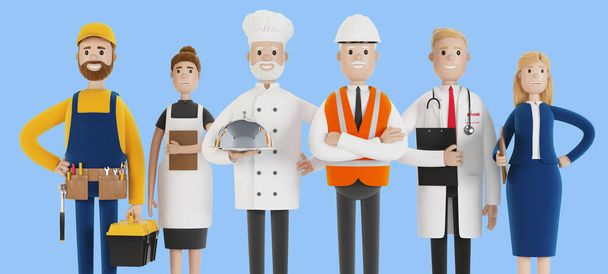 Különböző foglalkozásúak. Építő, női pincér, szakács, mérnök, orvos és tanár. A munka ünnepe. 3D illusztráció rajzfilm stílusban. - Fotó, kép