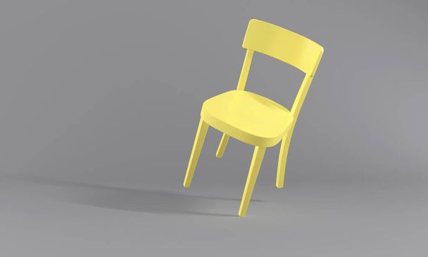 Gele houten stoel op een grijze achtergrond. Trendy kleuren van het jaar 2021. Verhelderend en Ultiem grijs. Creatief minimalistische lay-out met één meubelstuk. Modieuze gele fauteuil. - Foto, afbeelding