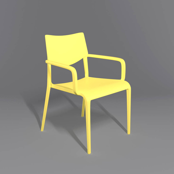 Gele design stoel op een grijze achtergrond. Trendy kleuren van het jaar 2021. Verhelderend en Ultiem grijs. Creatief minimalistische lay-out met één meubelstuk. Modieuze gele fauteuil. - Foto, afbeelding