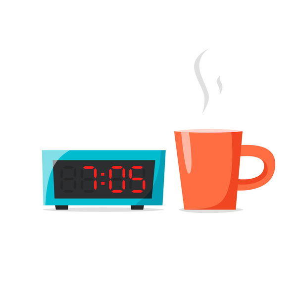 Beker en wekker, vroege ochtend concept, 's morgens koffie of thee, platte vector illustratie - Vector, afbeelding