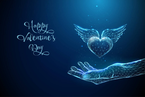 Abstracto azul dando la mano con el corazón con alas - Vector, imagen