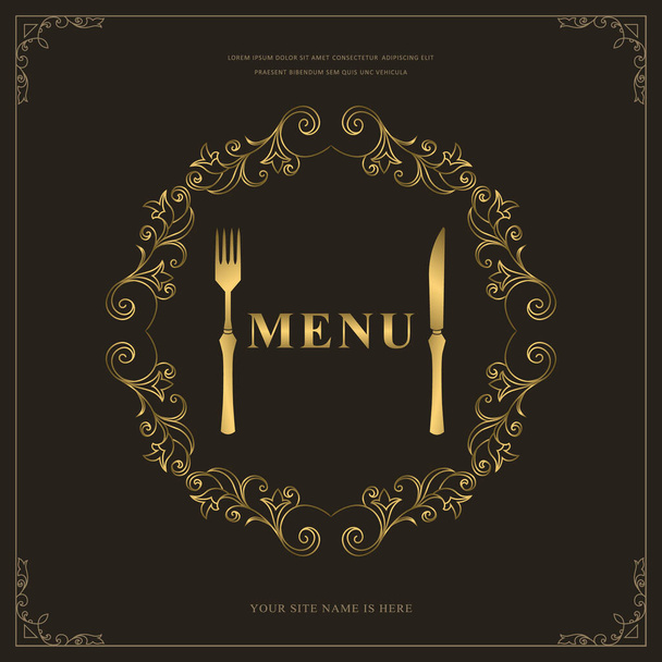 Luxury Restaurant Menu Logo Template. Golden Cutlery. Elegant Drawn Fork and Knife. Creative Monogram with Inscription. Brochure cooking Design for Cafe, Restaurant, Bar. Vector illustration - ベクター画像