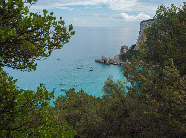 Αεροφωτογραφία ασβεστολιθικού βράχου και βράχου στην παραλία Cala Luna με τουριστικό σκάφος και πλοία και γαλαζοπράσινα νερά πάνω από καταπράσινα δέντρα. Κόλπος του Orosei, Σαρδηνία, Ιταλία. - Φωτογραφία, εικόνα