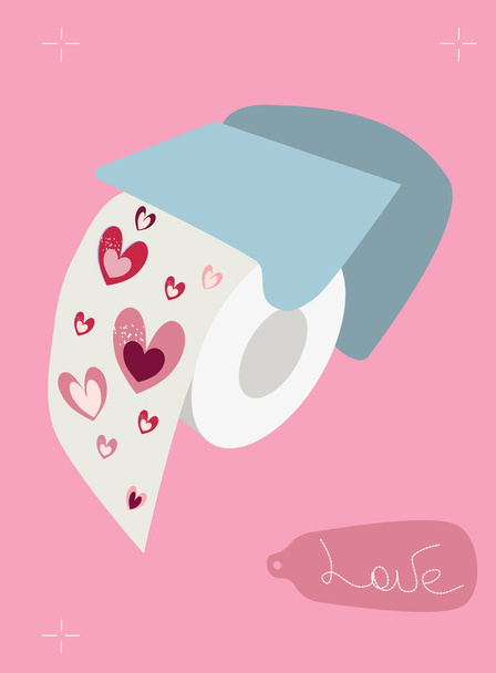 Love toilet paper in holder. Lavatory hygienic goods with pink hearts print. Funny gift for home. Valentines day celebration.Adore yourself and make a present. Vector illustration in flat style. - Vector, Image