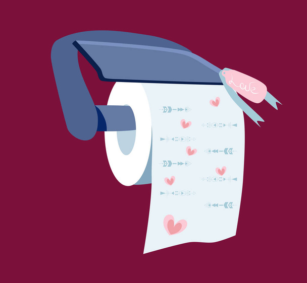 Love toilet paper in holder.Lavatory hygienic goods with pink hearts and arrows.Funny gift for home. Valentines day celebration.Adore yourself and make a present.Vector illustration in flat style - Vector, Image