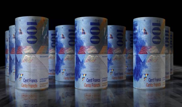 Švýcarské franky peníze rohlíky 3D ilustrace. Abstraktní koncepce bankovnictví, hospodářství, krize, financí, podnikání a dluhu ve Švýcarsku. Kamera se pohybuje nad válcovými bankovkami CHF. - Fotografie, Obrázek