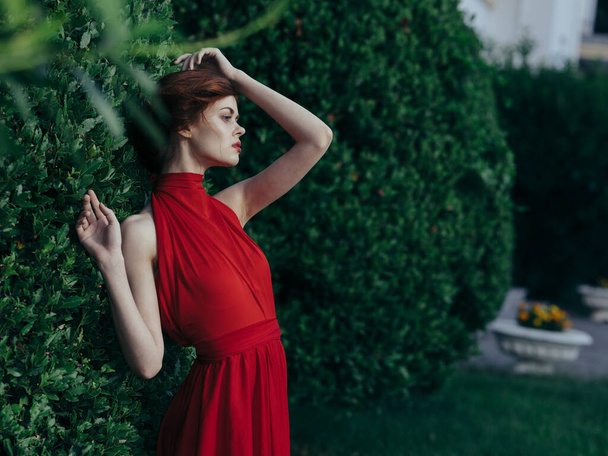Vrouw in rode jurk luxe prinses maskerade charme groene bladeren - Foto, afbeelding