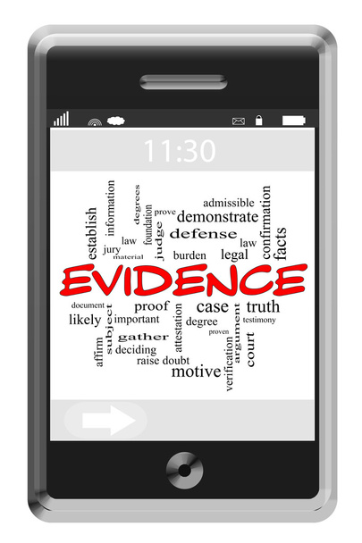 Concetto Evidence Word Cloud sul telefono touchscreen
 - Foto, immagini
