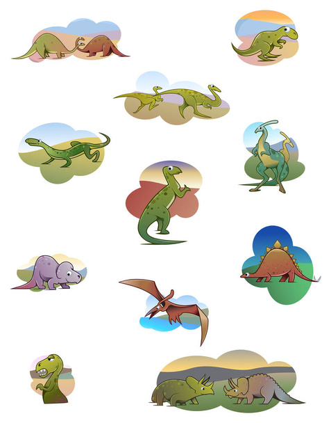 Ilustración estilo de dibujos animados - Colección de divertidos dinosaurios lindos - Foto, Imagen