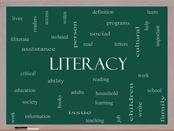 Literacy Word Cloud Concept on a Blackboard - Foto, afbeelding