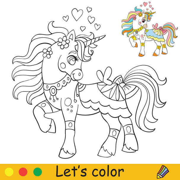 Unicorno carino con farfalla colorazione vettoriale illustrazione - Vettoriali, immagini