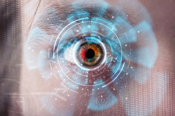 Futuristische moderne Cyber-Mann mit Technologie Bildschirm Auge Panel - Foto, Bild