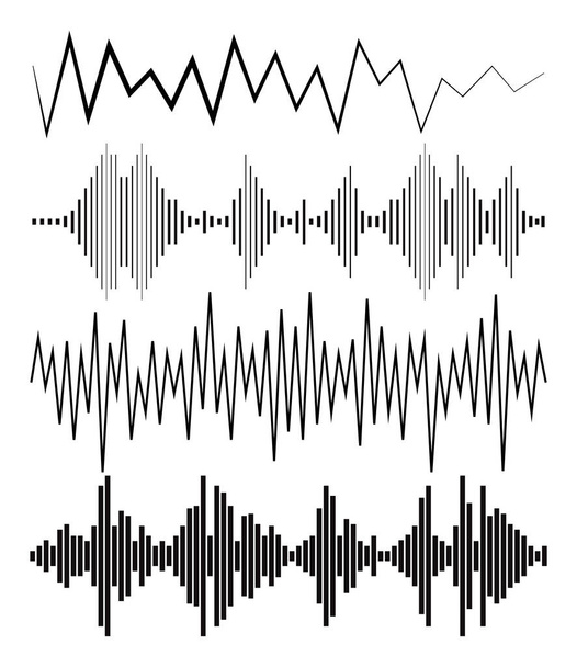 Zwarte geluidsgolven logo 's, audio symbolen op witte achtergrond. Moderne muziek equalizer elementen ingesteld. Jpeg golfvorm platte geïsoleerde illustratie - Foto, afbeelding