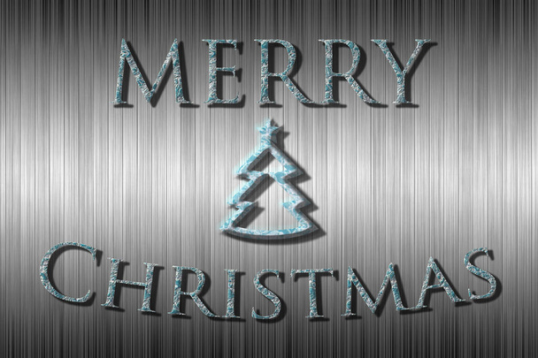 Merry Christmas banner met een kleine kerstboom in een ijskoude zilveren en blauwe achtergrond. - Foto, afbeelding