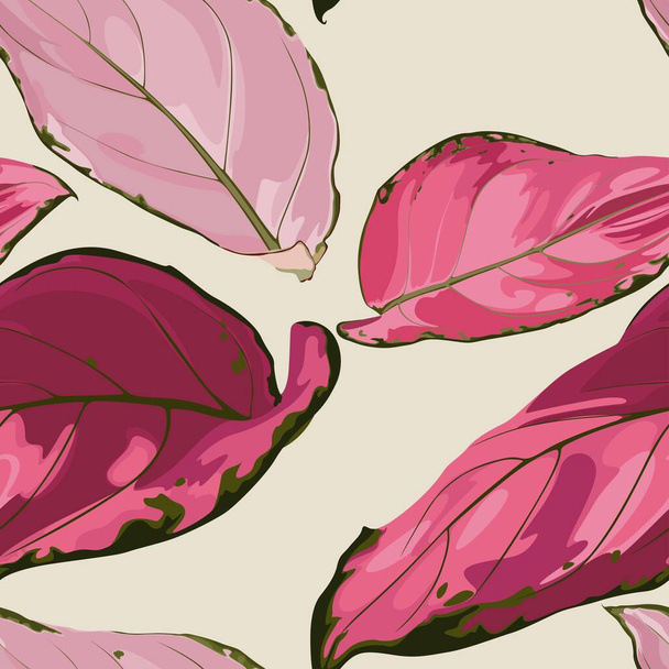 Trooppinen vintage punainen Aglaonema modestum Schott kämmen lehdet kukka saumaton kuvio vaaleankeltainen tausta. Eksoottinen viidakko tapetti. - Vektori, kuva