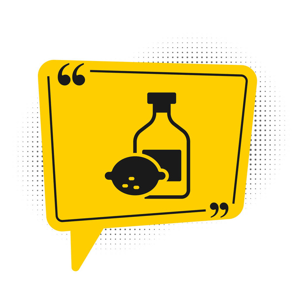 Black Limoncello bottle icon isolated on white background. Bottle of fresh homemade lemonade. Yellow speech bubble symbol. Vector. - Vector, Image