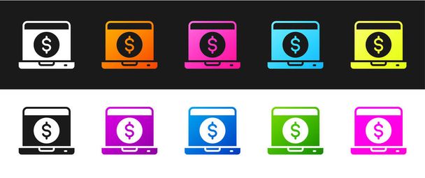 Set Laptop with dollar icon isolated on black and white background. Sending money around the world, money transfer, online banking, financial transaction.  Vector. - Vector, Image