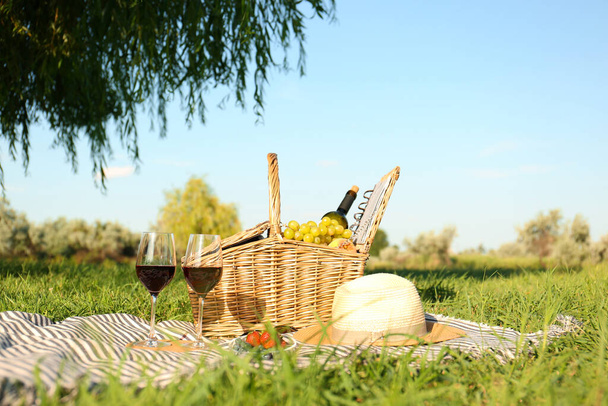 Red wine and different products for summer picnic served on blanket outdoors - Fotó, kép