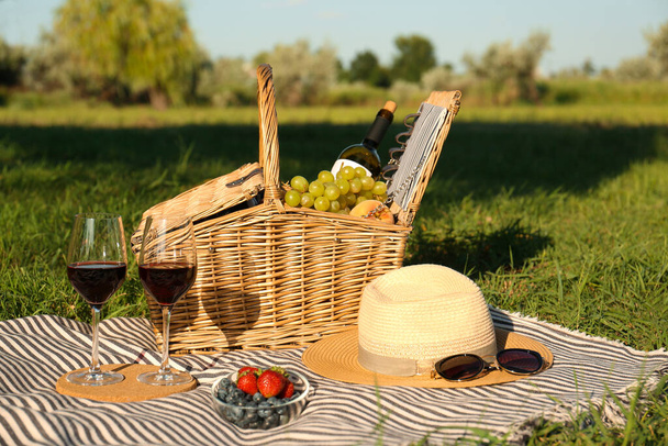 Red wine and different products for summer picnic served on blanket outdoors - 写真・画像