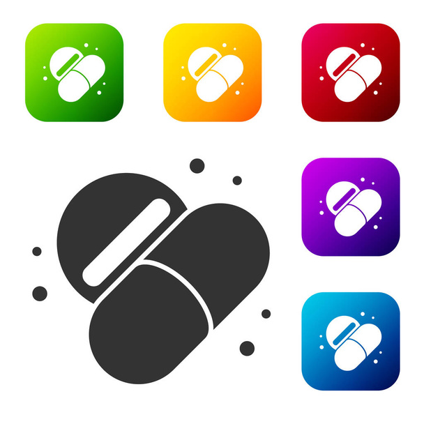 Schwarze Medizin Pille oder Tablette Symbol isoliert auf weißem Hintergrund. Kapselpille und Medikamentenzeichen. Apothekendesign. Setzen Sie Symbole in farbigen quadratischen Tasten. Vektor. - Vektor, Bild