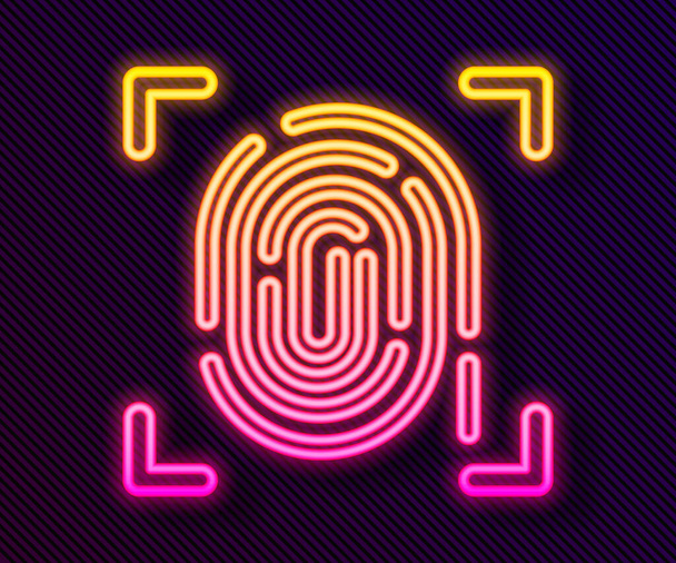 Linea neon incandescente icona impronta digitale isolata su sfondo nero. Icona dell'app ID. Segno di identificazione. Toccare id. Vettore. - Vettoriali, immagini