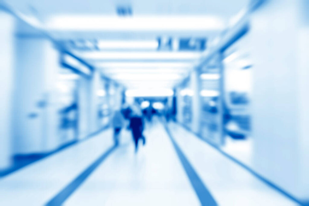 abstract defocused blurred technology space background, empty business corridor or shopping mall. Medical and hospital corridor defocused background with modern laboratory (clinic) - Photo, Image