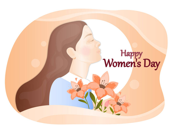 Blessed female character is standing with eyes closed and holding flowers on women s day - Vector, Imagen