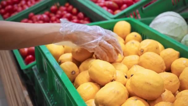 kivágott kilátás nő eldobható kesztyűben választotta citrom a szupermarketben - Felvétel, videó