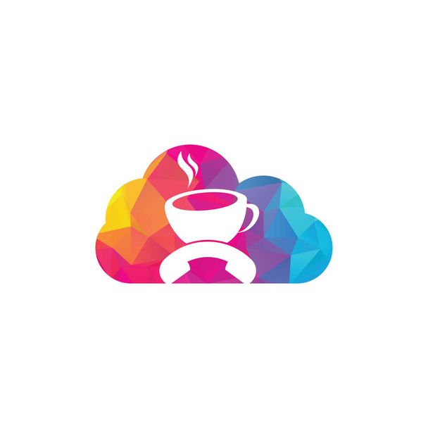 コーヒーは雲の形の概念ベクトルのロゴの設計を呼ぶ。ハンドセットとカップのアイコン. - ベクター画像