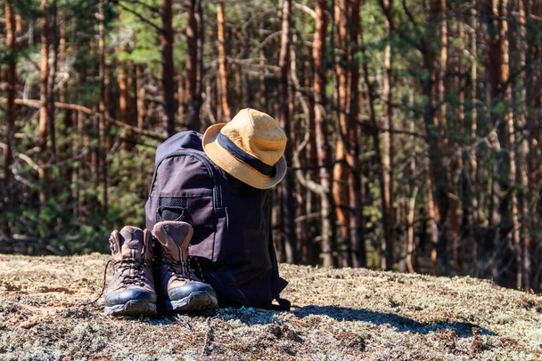 Toeristische rugzak, wandelschoenen en hoed op de glade in dennenbos. Wandelconcept - Foto, afbeelding
