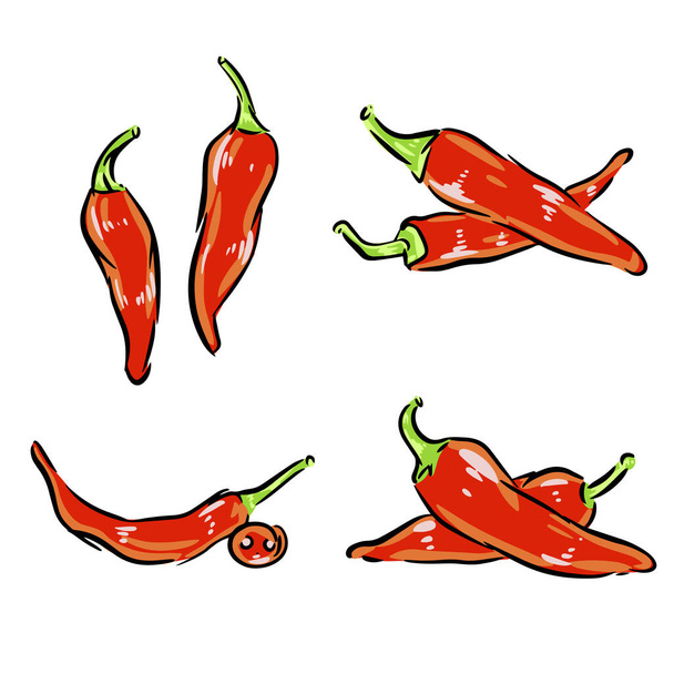 Κόκκινες καυτερές πιπεριές τσίλι σε φορέα που απομονώνονται σε λευκό φόντο. Χειροποίητες πιπεριές set illustration για σχεδιασμό συσκευασίας τροφίμων - Διάνυσμα, εικόνα