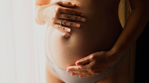 Close-up de mulher grávida gentilmente tocando e acariciando sua barriga crescente ao lado de uma grande janela no quarto em casa. Conceito de gravidez feliz e antecipação do bebê - Foto, Imagem