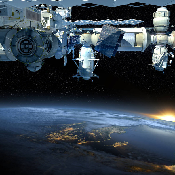 3D-Rendering der über der Erde fliegenden Internationalen Raumstation mit ihrer detaillierten modularen Architektur. Elemente dieses von der NASA bereitgestellten Bildes. - Foto, Bild
